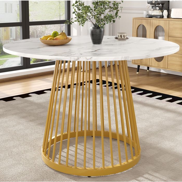 Table à manger ronde pour 4 personnes. table de salon de cuisine. MDF. 80×80×76cm. pieds en métal. blanc+or