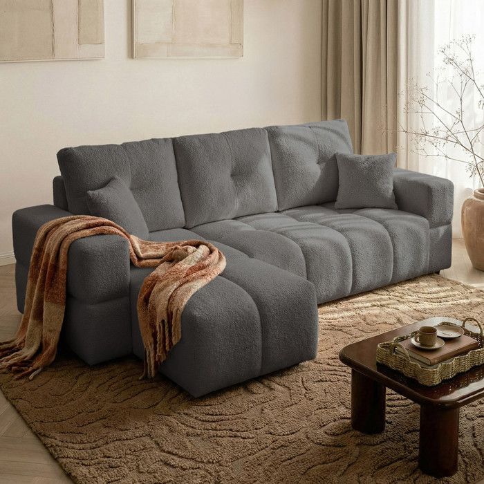 Canapé dangle Réversible BUENO - 3 places - Convertible avec Coffre - Tissu Agréable au Toucher - Gris foncé
