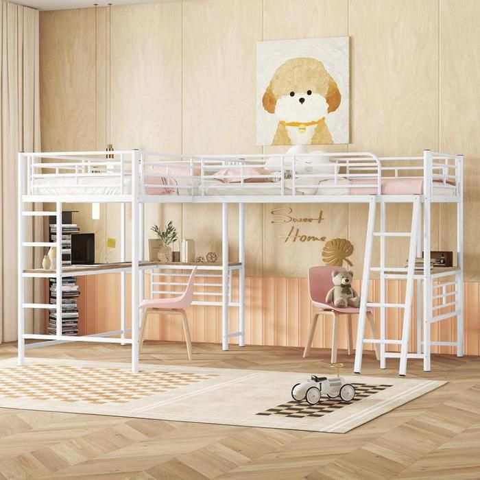Lit mezzanine 90×200 cm avec double escalier et table sous le lit Lit enfant avec garde-corps haut deux lits superposés Blanc