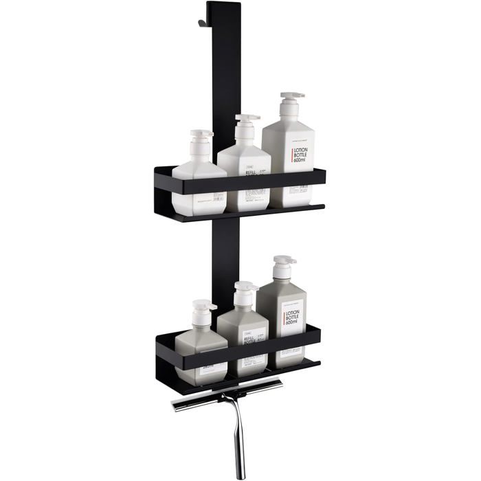 Étagère de douche suspendue - SWAPY - Acier inoxydable SUS304 - Noir mat - Double couche - Crochets pratiques