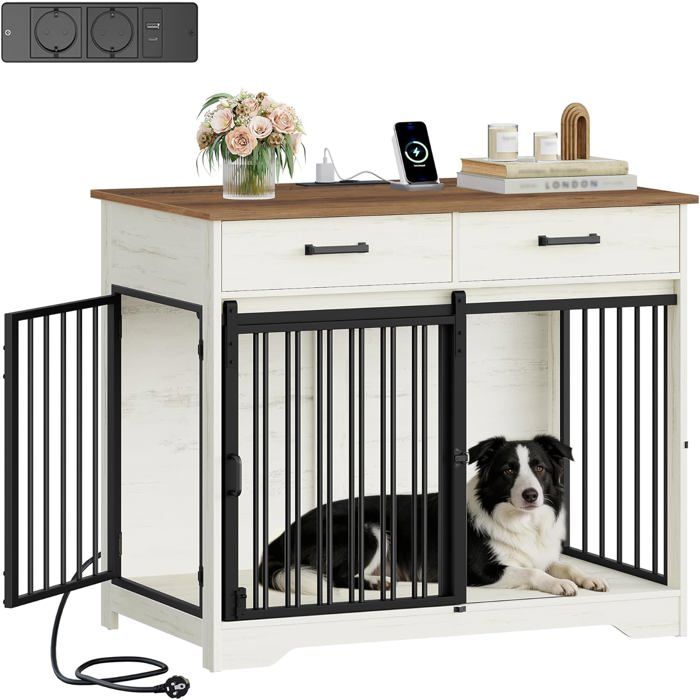 Cage pour Chien Meuble avec Prise Cage Chien dintérieur avec Porte Style Grange & 2 Tiroirs Table dappoint Blanc et Marron