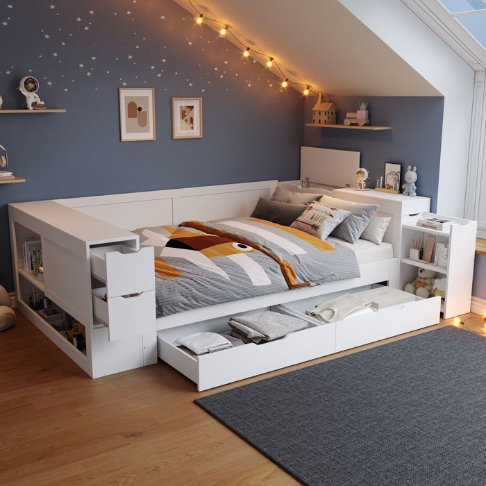 Lit - 140x200 - Multifonction jour/nuit convertible - Rangement tiroir extra-profond & coffre - Blanc MDF