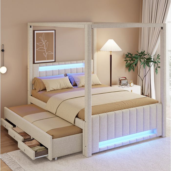 Lit à baldaquin 140x200 cm EVRYAE avec lit gigogne 3 tiroirs et LED rembourré en lin beige