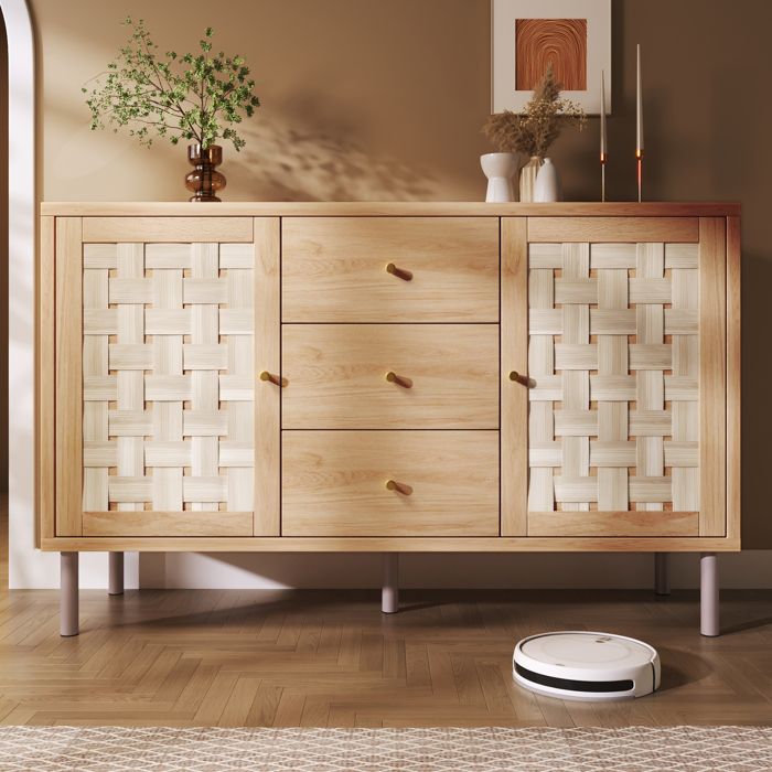 Buffet bas - LEMONBEST - 120x40x75 cm - 3 tiroirs 2 portes - Placage chêne - Étagères réglables