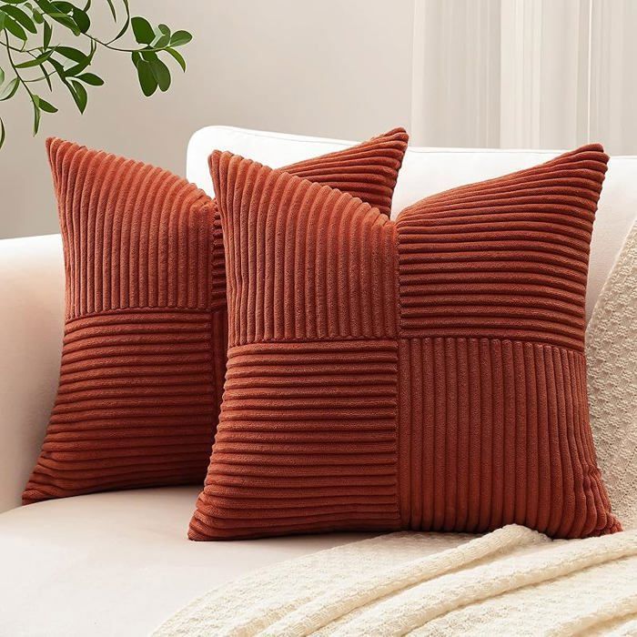Lot de 2 Housse de Coussin 60x60 cm en Velours Côtelé Housse Coussins Patchwork à Rayures Croisées 60 x 60 cm ROU HOUSSE DE COUSSIN