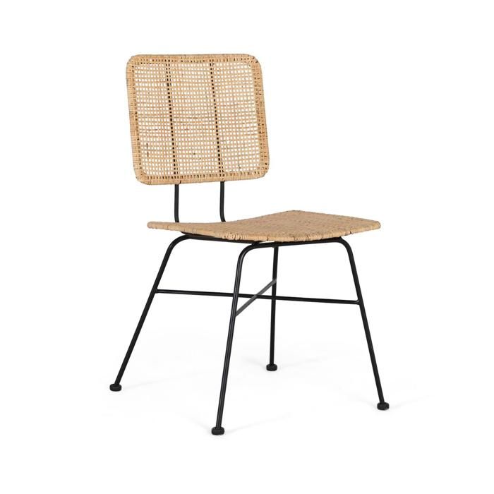 Chaises en rotin - Lot de 2 - Assise et dossier en rotin naturel - Structure en fer tubulaire - Noir mat