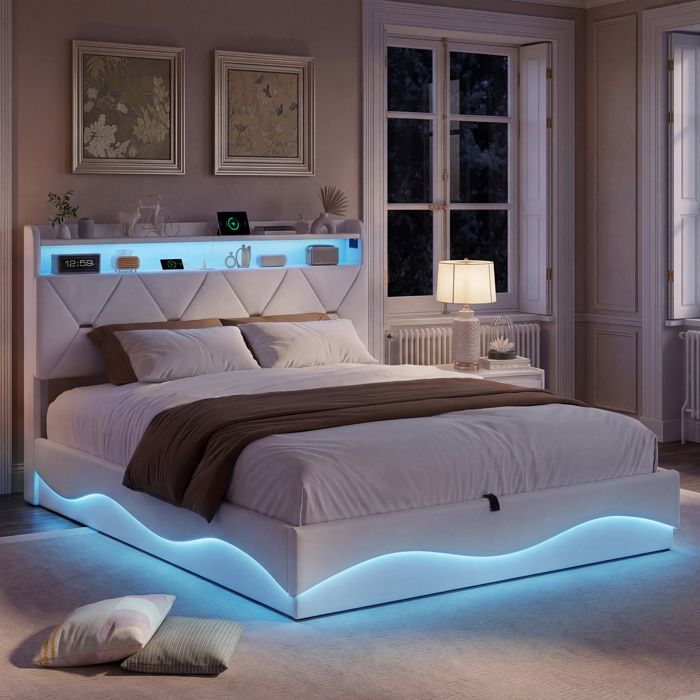 Lit coffre - Lit double 140x200 cm - Velours beige - Coffre hydraulique 81 cm - LED multicolore & station USB-C