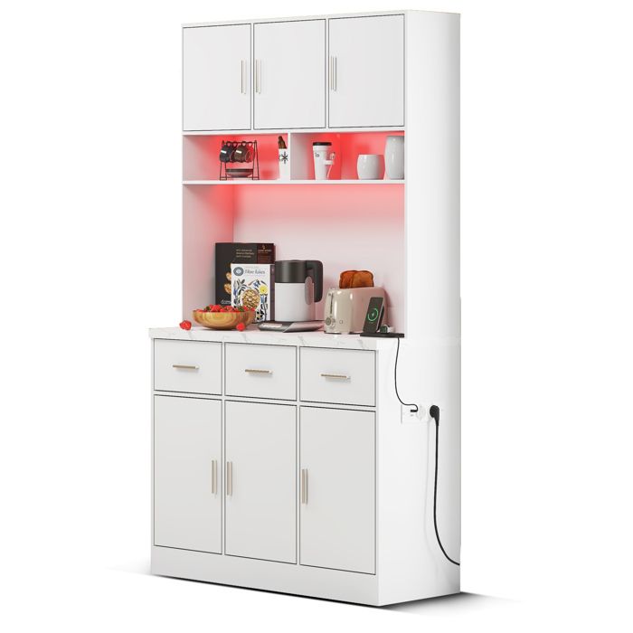 Buffet de cuisine blanc – LED multicolore prises USB 6 portes 3 tiroirs – 100 x 40 x 180 cm