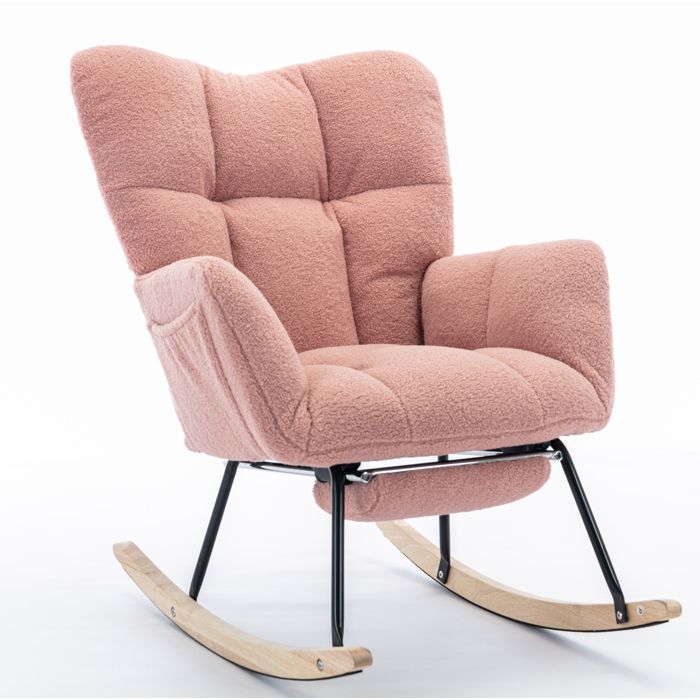 Fauteuil à bascule – Rocking chair rose en tissu teddy avec repose-pieds escamotable dossier haut