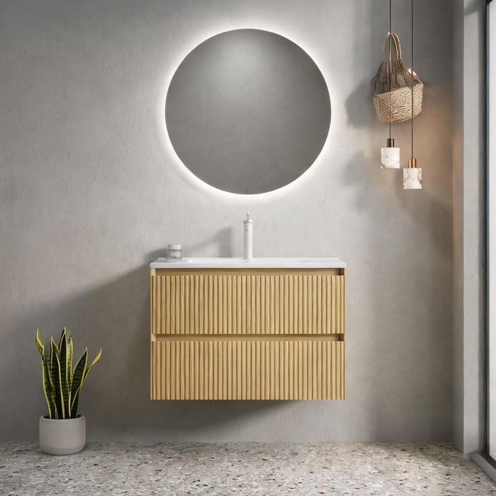 Meuble vasque suspendu 75 cm vasque céramique blanche intégrée façade chêne doré 2 tiroirs style contemporain