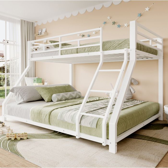 Lit Superposé 90×200/140×200cm - Barrière et Escalier - 2 Sommiers Inclus - Métal - Blanc