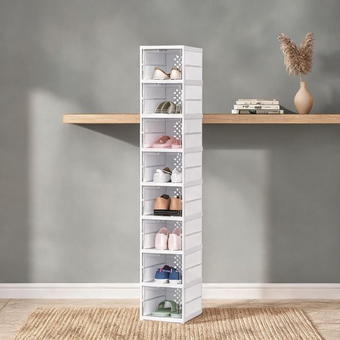 Range-chaussures empilable pliable 8 cases portes transparentes plastique blanc pour entrée ou dressing 35x26x140 cm