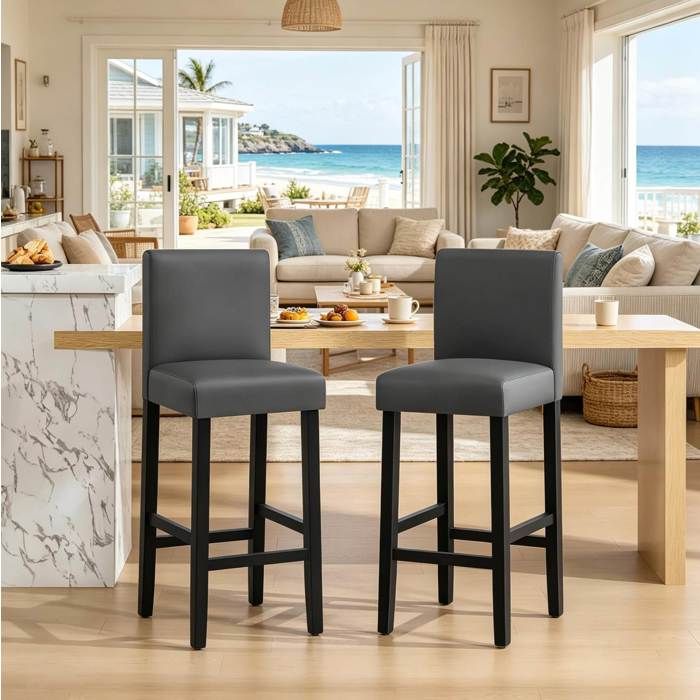 Lot de 2 tabourets de bar avec dossier 78 cm en simili cuir gris et bois massif noir