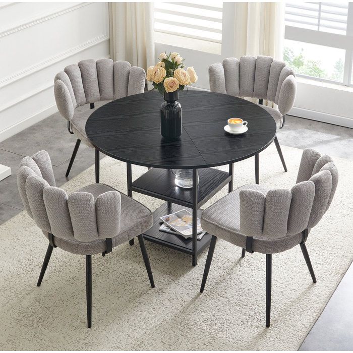 Ensemble repas rond 107 cm avec double rangement 4 chaises grises en tissu et métal style industriel