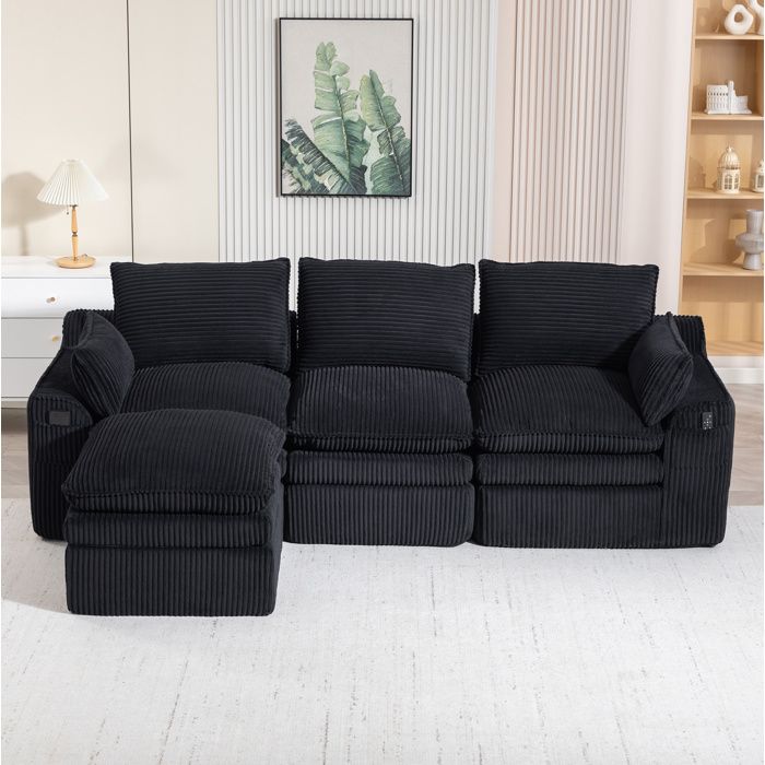 Canapé Modulable 3 Places avec Pouf et Poches - BEAUNIV - Mousse 3 Couches Velours Côtelé Noir 263 × 167 × 85 cm