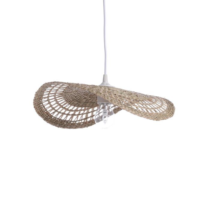 Luminaire Ondine lustre bohème naturel - lampe suspendue en rotin tressé naturel - cable plastique blanc douille E27 - possibil