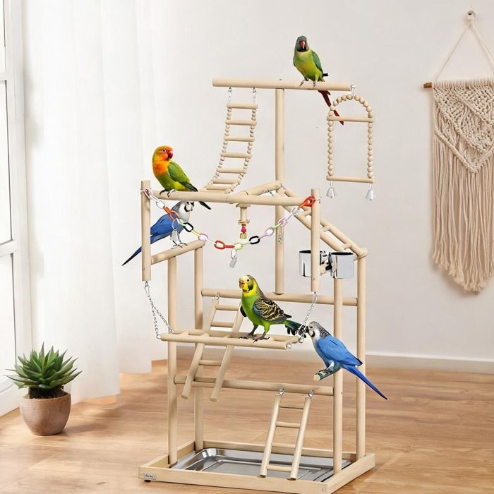 Aire de jeux en bois naturel pour oiseaux 4 niveaux avec échelles et balançoires plateau inox 95 cm
