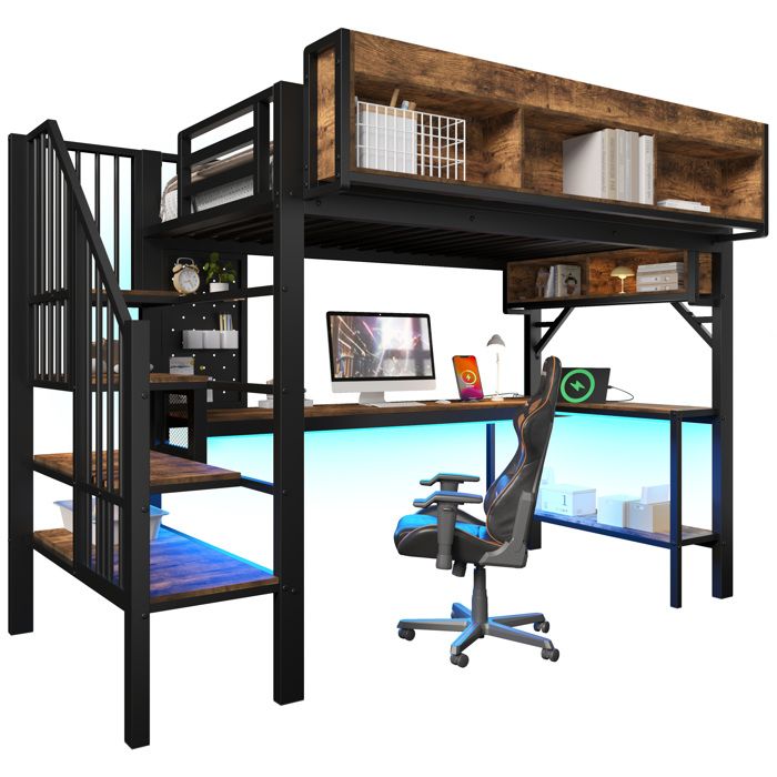 ELVORIN Lit mezzanine 90 x 200 cm vintage brun-noir bureau dangle intégré rangement panneau perforé LED et USB-C