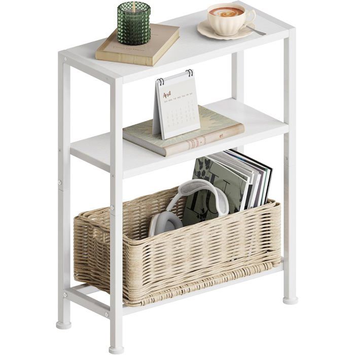 Table dappoint étroite 3 niveaux - Table de chevet et basse blanc avec étagères de rangement - Meuble compact pour petit espace