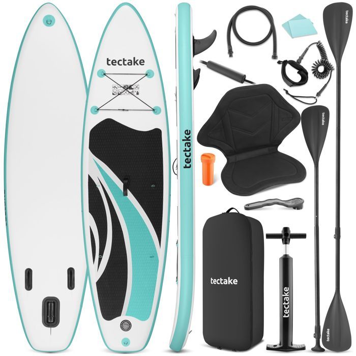 Planche de stand up paddle - TECTAKE - Paddle gonflable SUP GONFLABLE 2 EN 1 gonflable siège de kayak - Blanc/turquoise