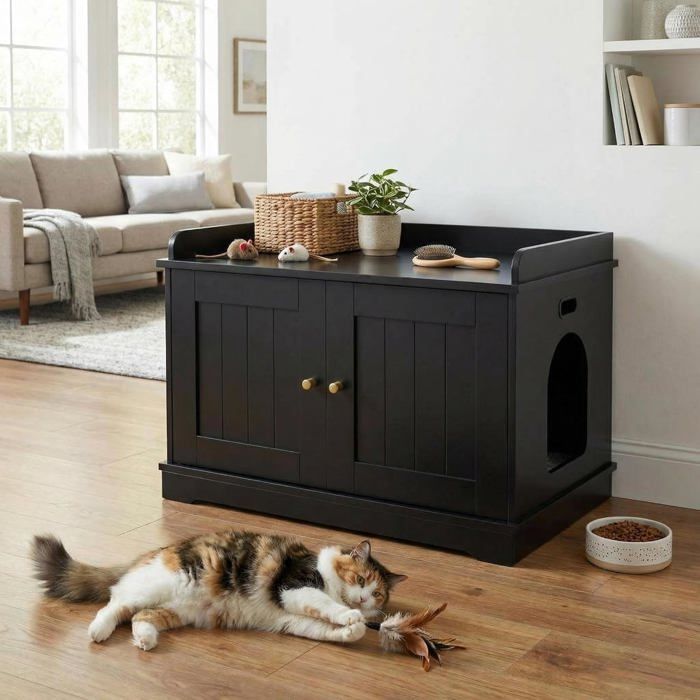 Meuble bac litière chat anti-reniflage porte grange moderne table appoint grand couvercle noir