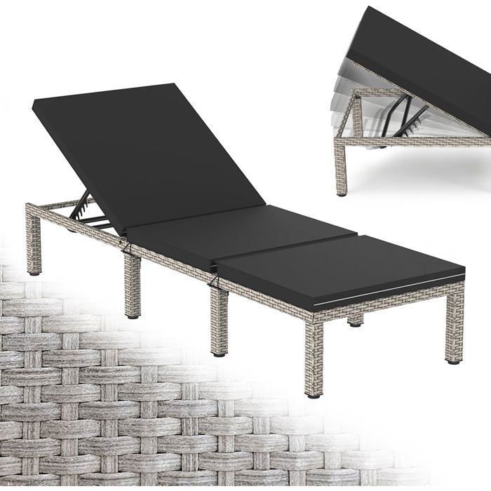 Bain de soleil chaise longue extérieur rotin synthétique dossier réglable 5 positions coussin déhoussable déperlant-Noir