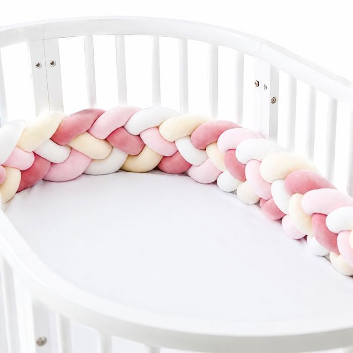 Tour de lit bébé – Tressé nœuds protection anti-choc - Tricot main – Berceau bébé – 2M Blanc Crème Vieux rose Rose