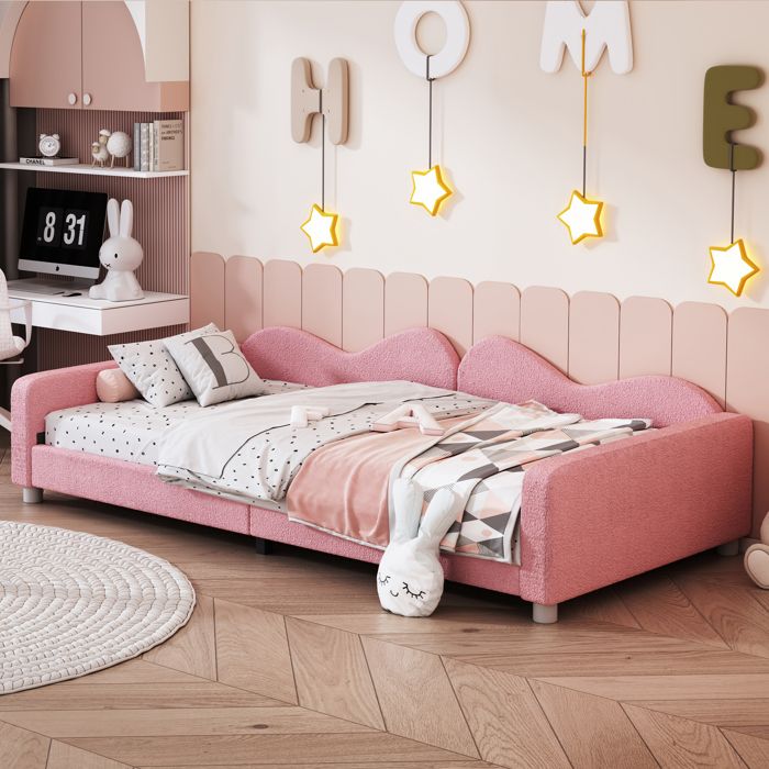 Lit banquette rembourré 90x200 cm en tissu dans un coloris rose avec dossier tête de lit sommier à lattes sans matelas
