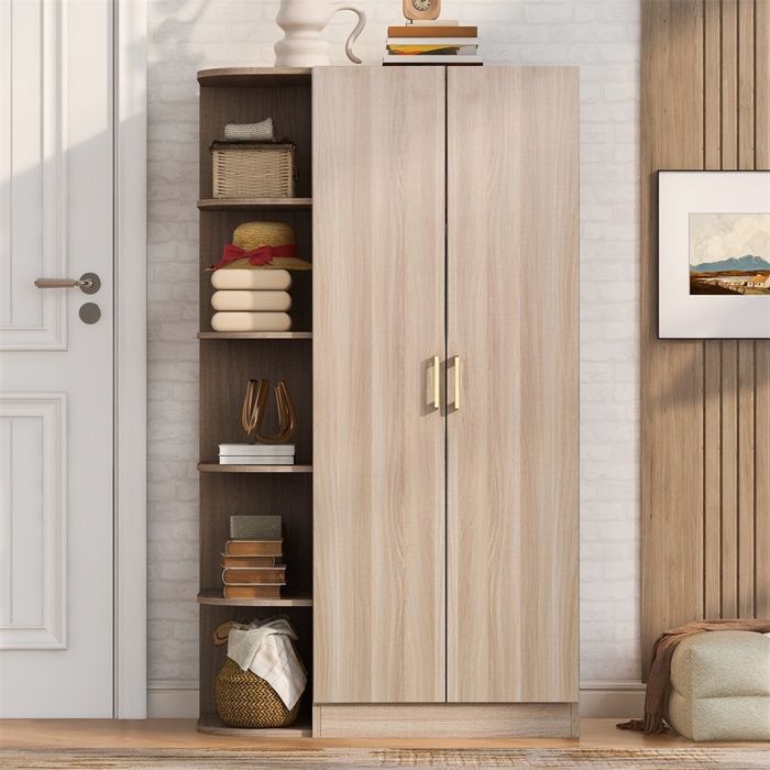 Armoire de chambre avec 2 Portes 90x55x175 cm Naturel - Étagères dAngle Latérales - Poignée dorée