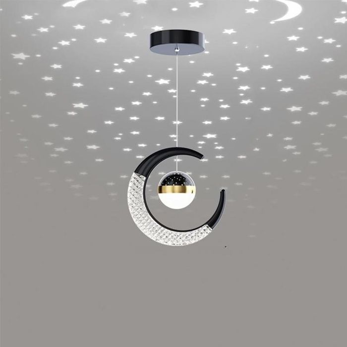 Suspension LED projection lune et étoiles pour enfant noire lumière blanche froide lustre chambre enfant
