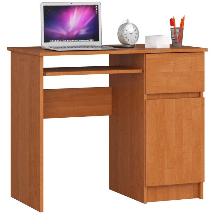 Bureau dordinateur AKORD droit PIKSEL Aulne 90 cm 1 porte 1 tiroir façade Aulne 3 étagères 90x50x77 cm
