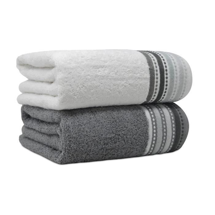 Lot de 2 serviettes de bain de luxe 100 % coton égyptien filé à l'anneau, séchage rapide et durable, 70 x 140 cm, gris et blanc,