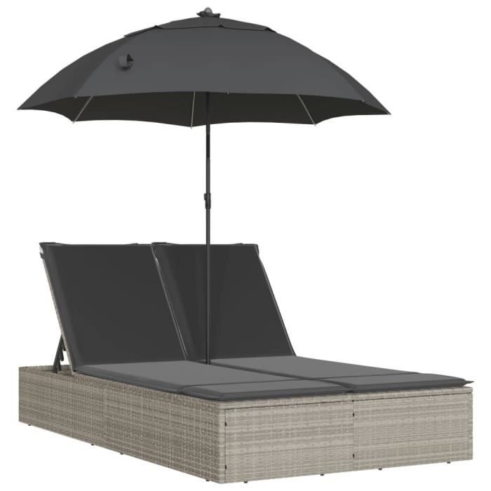 Chaise longue double - Gris - Résine tressée - Dossier réglable - Coussins amovibles - Parasol inclinable