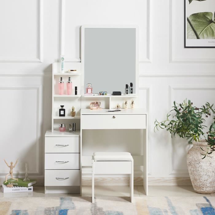 nouveau coiffeuse style mode contemporain blanc avec / miroir, ensemble de tabouret et 4 tiroirs