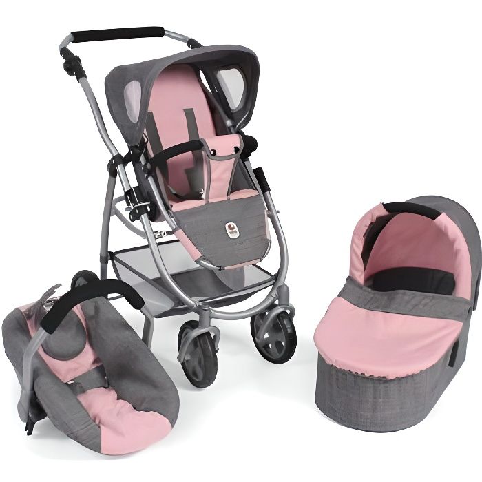 Combi 3 en 1 pour poupee et poupon : poussette landau cosy - Rose