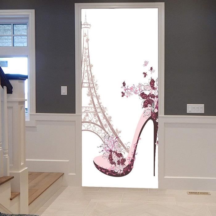 Autocollant Mural Porte 90x200cm - Motif Fleurs Roses Aquarelle 3D - Vinyle Amovible, Imperméable - Pour Surfaces Lisses - 9