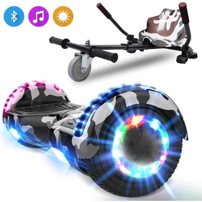 COOL&FUN Hoverboard 6.5” avec Bluetooth Camouflage+ Hoverkart Camouflage, Gyropode Overboard Smart Scooter, Pneu à LED de couleur