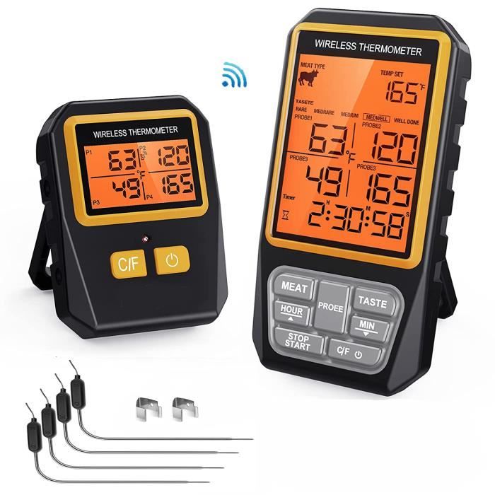 BBQOVN Thermomètre à Viande WiFi Bluetooth Sans Fil Portée Illimitée, Contrôle De La Température N'importe Où, 7 Capteurs Certifiés NIST Avec Température Ambiante, Moniteur Pour Barbecue, Grill, Four