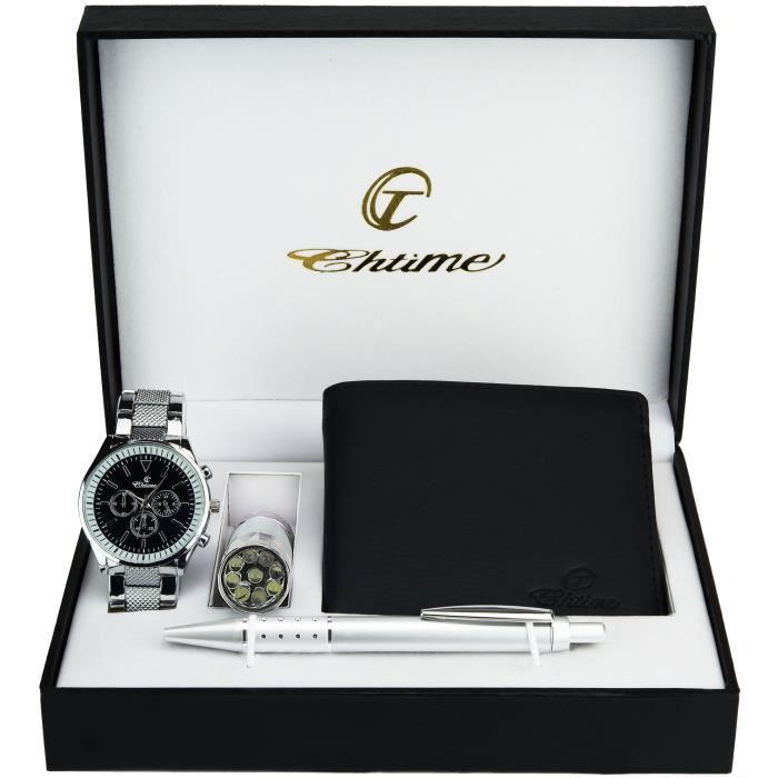 bellos coffret cadeau montre homme noir - lampe led - portefeuille - stylo