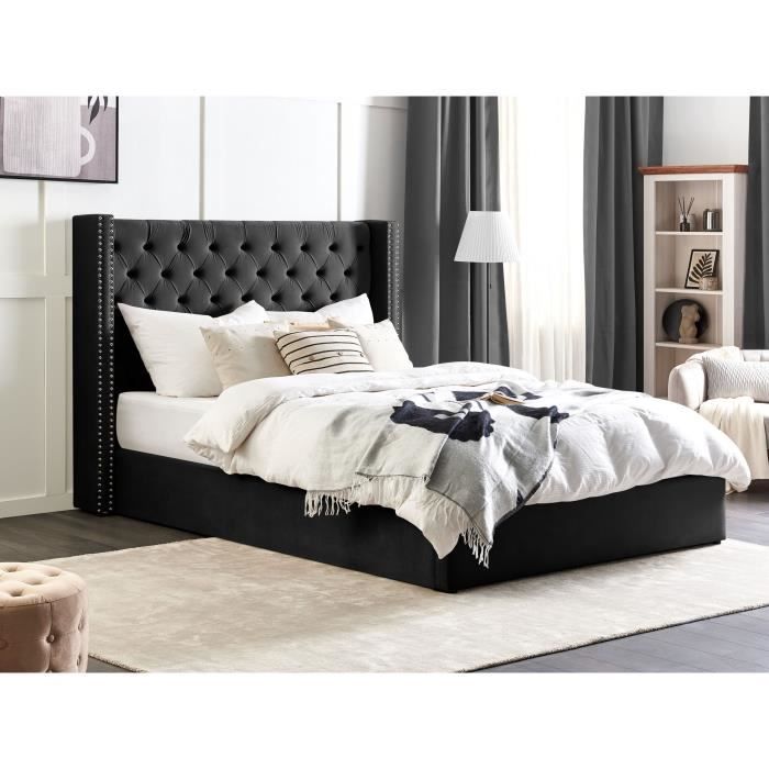 Lit avec coffre en velours noir - BELIANI - LUBBON - 180x200 cm - A lattes - Avec tiroirs Lit avec coffre en velours noir - BELIANI - LUBBON - 180x200 cm - A lattes - Avec tiroirs