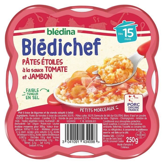 Blédina Blédichef, Repas bébé, Dès 15 Mois, Pates, Jambon, Sauce Tomate,  1x250g - Achat / Vente plats cuisinés Blédina Blédichef, Repas bébé, Dès 15  Mois, Pates, Jambon, Sauce Tomate, 1x250g - Cdiscount Prêt-à-Porter