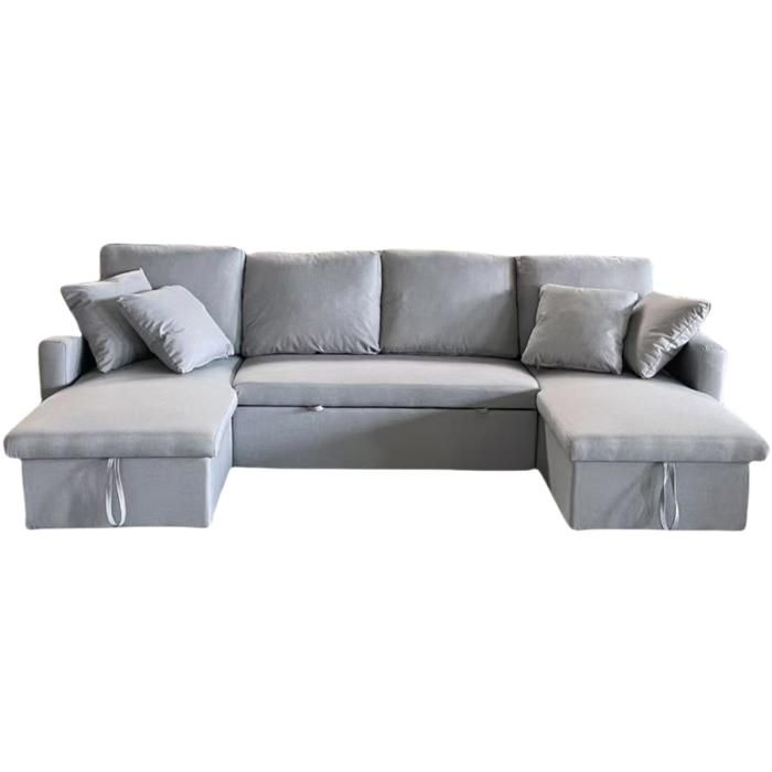 MAHÉ - Canapé panoramique convertible 4 places en tissu avec coffre - gris clair
