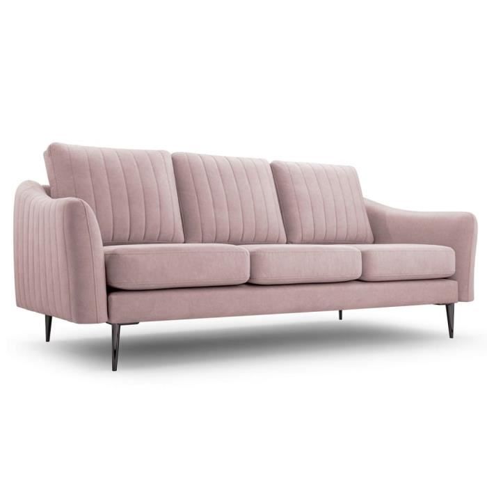 canapé droit fixe 3 places en tissu avec pieds en métal 206x90x90 cm - sofa rocan iii (rose - cloud 60)