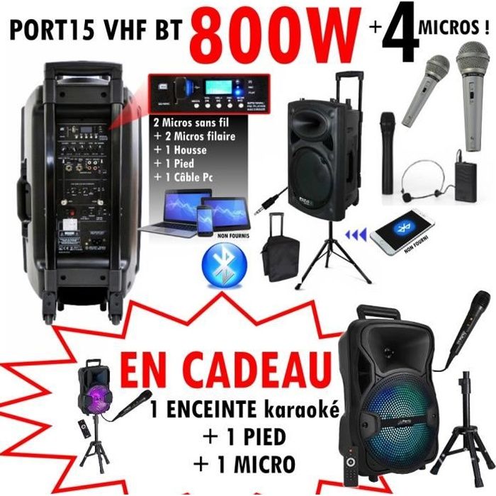 135€ sur Enceinte sono portable 15 800W - USB/BT/REC + 2 Micros VHF + Pied  + Pied Micro + Câble PC, Enceintes, baffle et amplis DJ, Top Prix