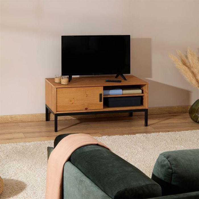 Meuble TV SELMA banc télé de 98 cm au style industriel design vintage avec 1 porte coulissante en pin massif teinté brun clair