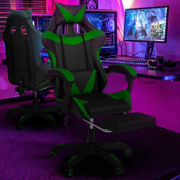 IDMARKET Fauteuil de gaming ALEX réglable avec repose-pied coussin de tête et coussin lombaire noir et vert IDMARKET Fauteuil de gaming ALEX réglable avec repose-pied coussin de tête et coussin lombaire noir et vert