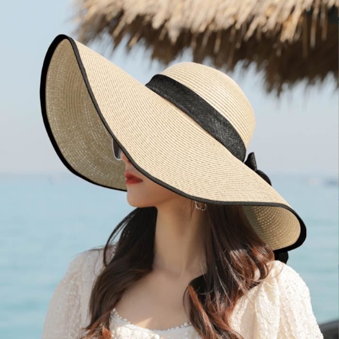 Chapeau de Soleil Femme,Chapeau de Paille Pliable avec Large Bord