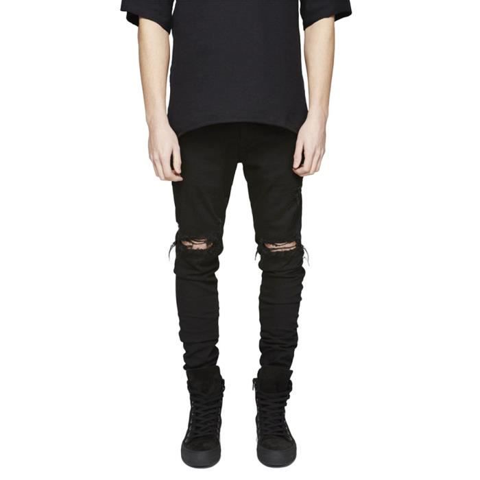 Jean Déchiré Au Genou Pour Homme, Streetwear, Noir, Slim, Extensible, Hip Hop, Mode, Pantalon Déchiré, Trous, Couleur Unie, Denim Chic