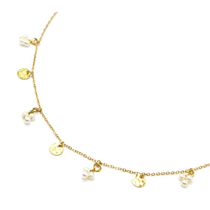 cc3828 - collier fine chaîne pendentif pampilles martelées acier doré et mini perles