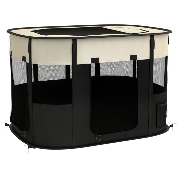 Parc pour chien - PawHut - pliable - tissu Oxford - avec poches de rangement - 94 x 74 x 60 cm - blanc crème et noir